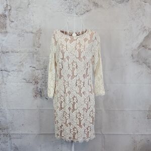 Adrianna Papell Ivory Lace Shift Dress with Beige Lining Womens Size 14
